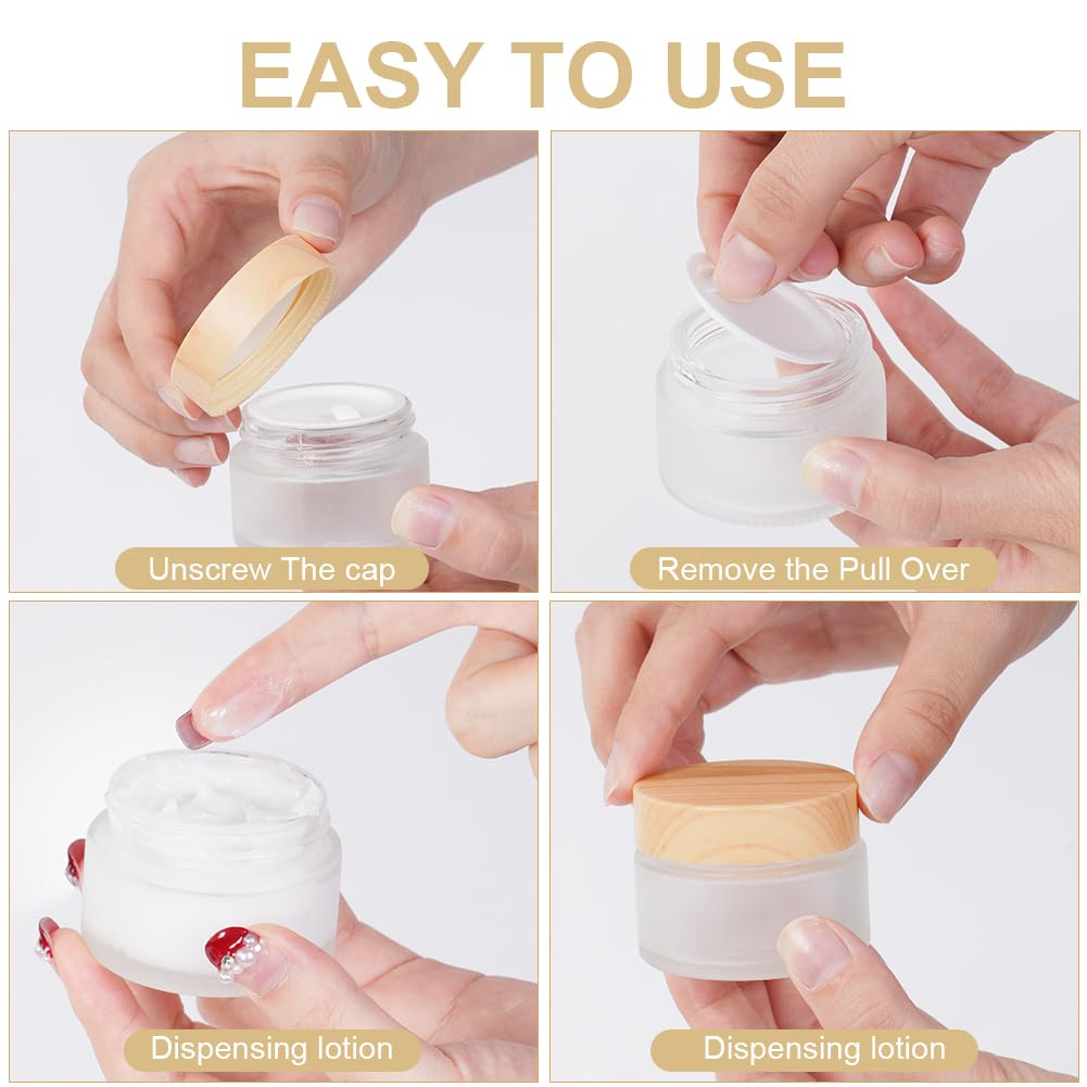 Detalle 2 de HOTUT Glas Leerdose Set – 6 Cremedosen zum Befüllen, 60 g Fassungsvermögen, UV‑Schutzglas mit Holzmaserung Deckel