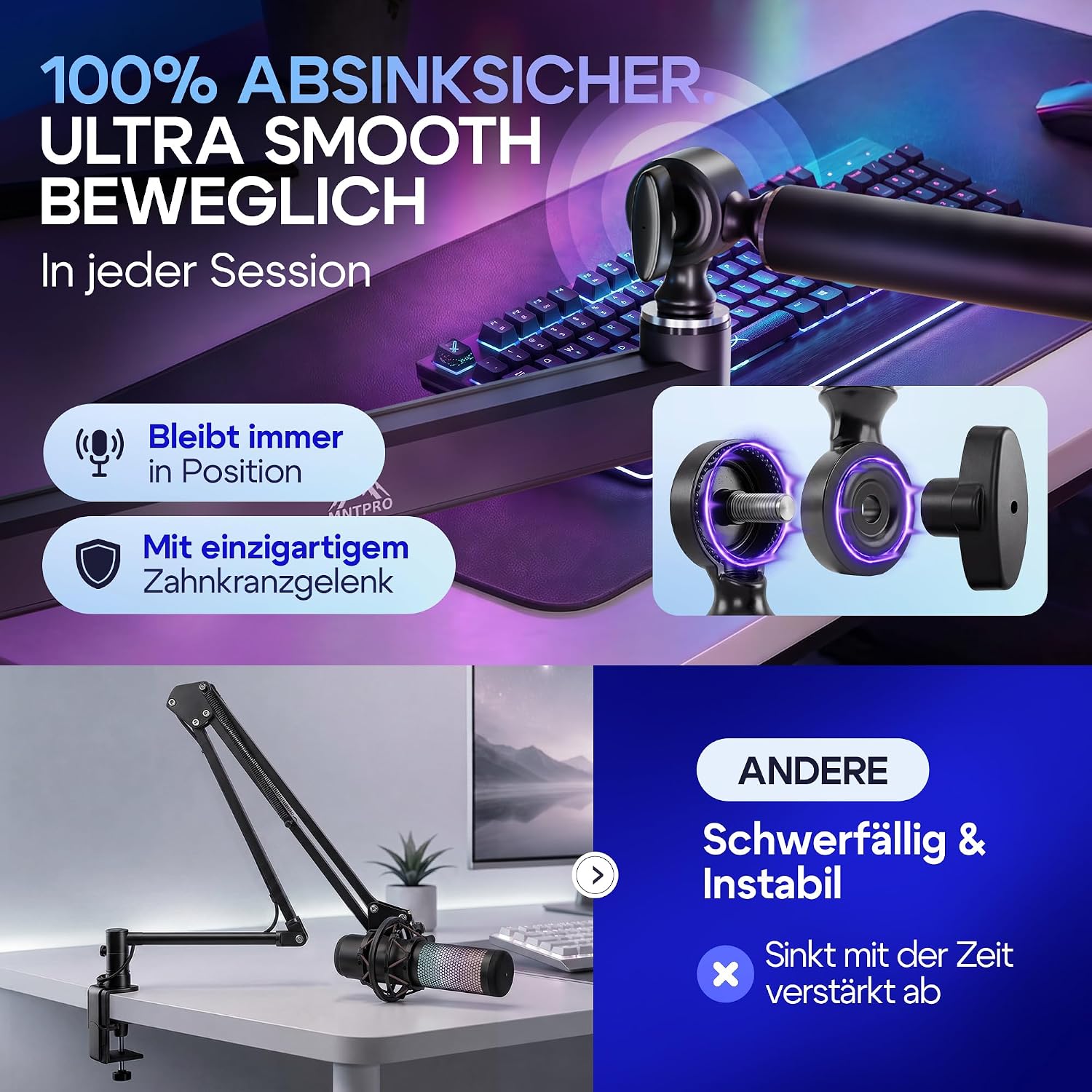 Detalle 2 de MNTPRO Mikrofonarm Schreibtisch Low Profile – 80 cm Reichweite, Absinksicher, 2 kg Tragkraft