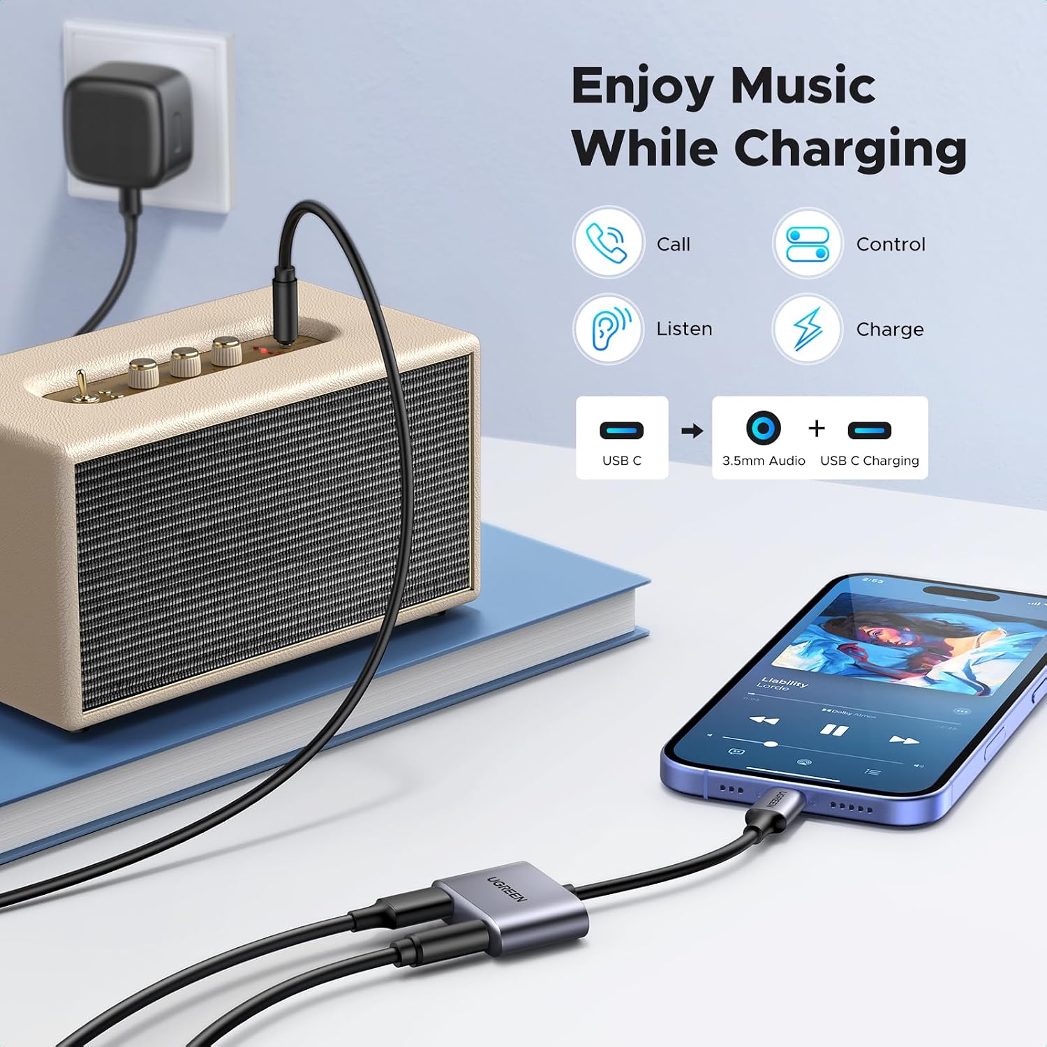 Detalle de UGREEN USB-C to 3.5mm Audio and Charger Adapter, 60W