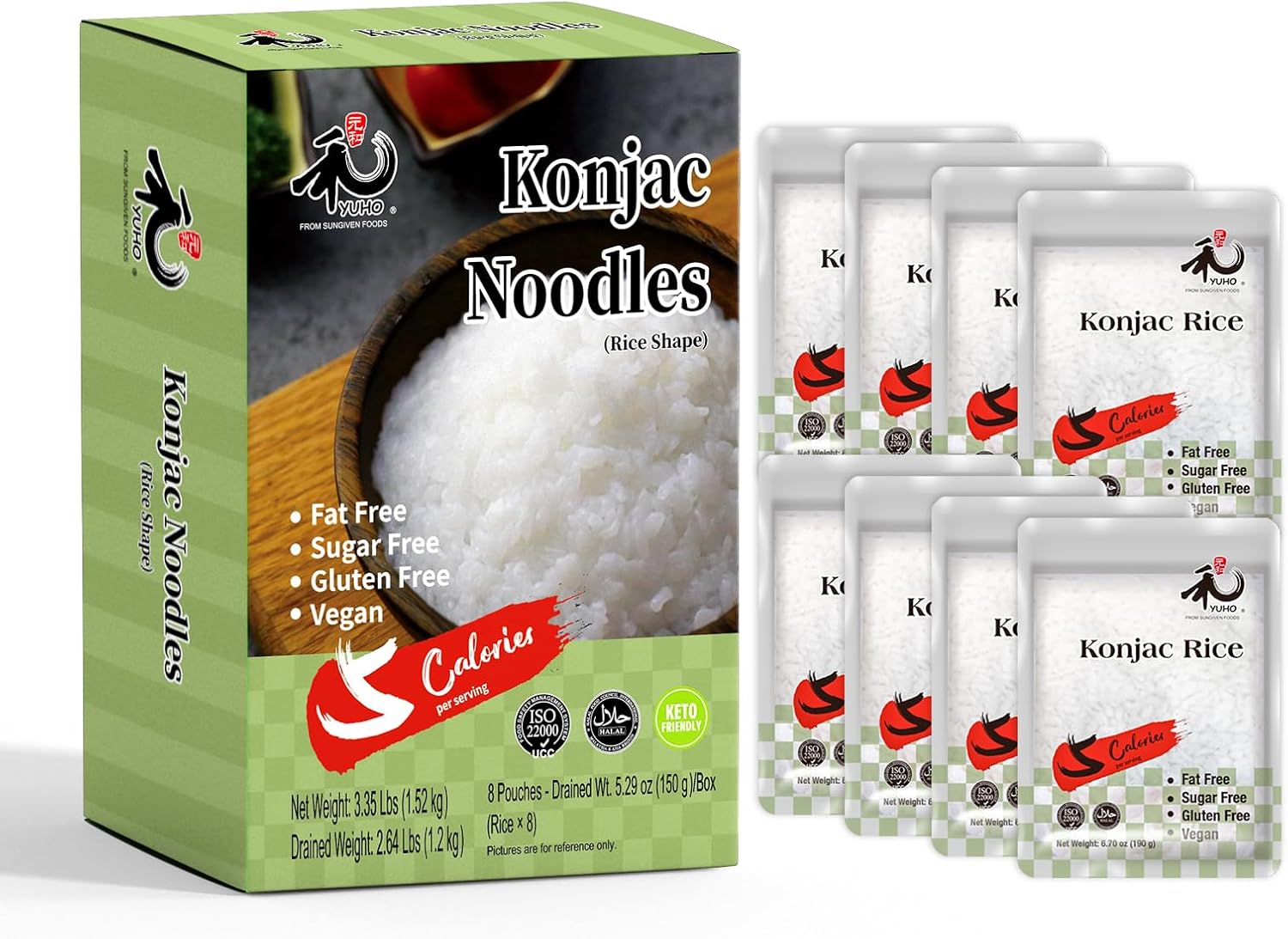 YUHO Shirataki Konjac Rice (8 x 150 g) – Gluten-Free Vegan Rice Substitute