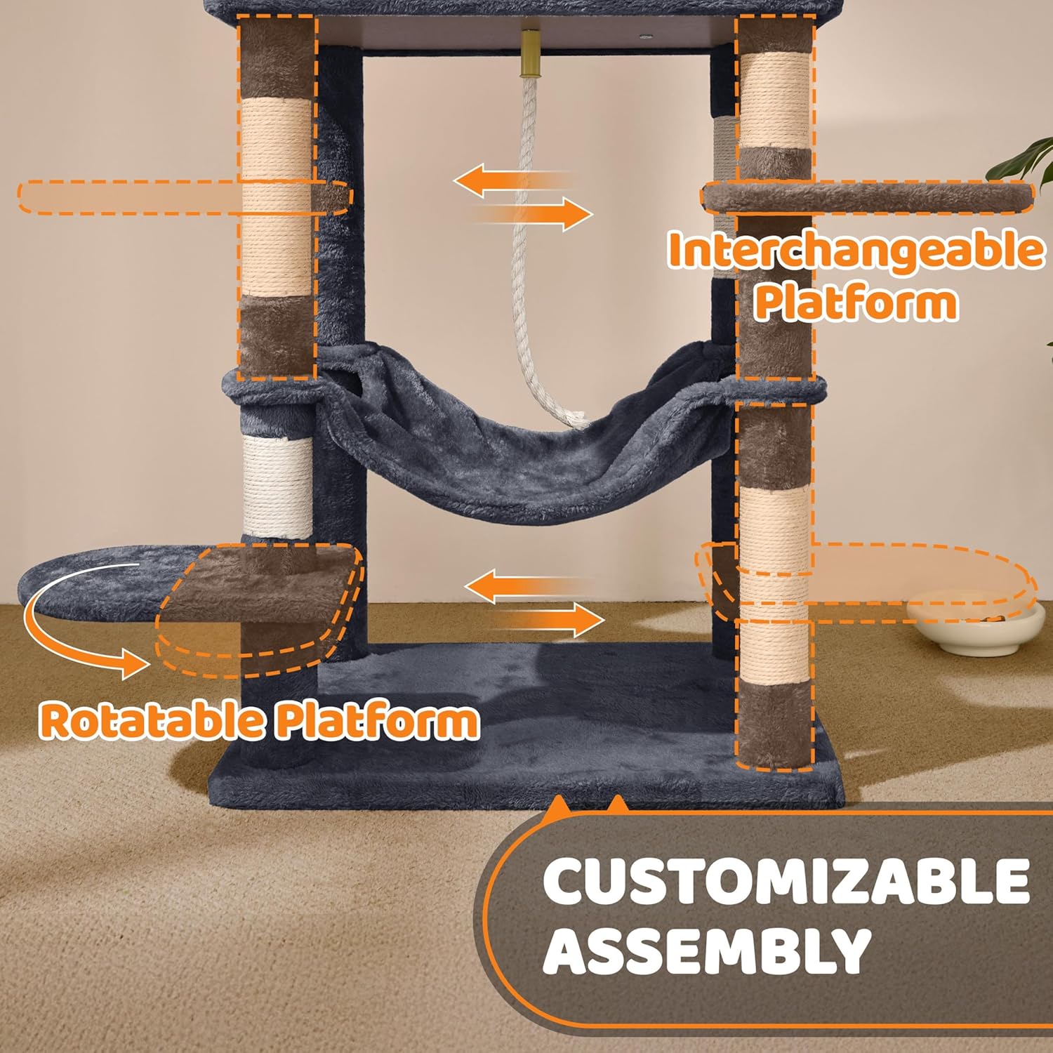 Thumbnail 4 de Yaheetech 150cm Large Cat Tree Tower with Condos, Hammock and Sisal Posts for Indoor Cats