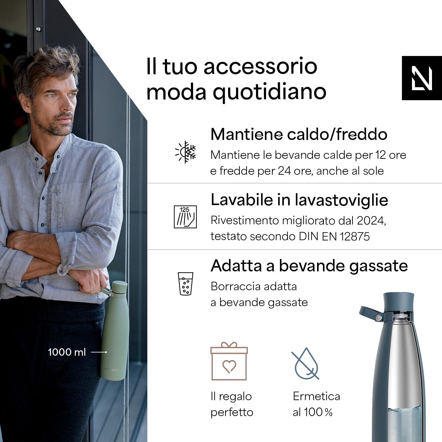 Thumbnail 1 de LARS NYSØM Nåde borraccia termica in acciaio inox 1 litro (1000 ml), stone blue