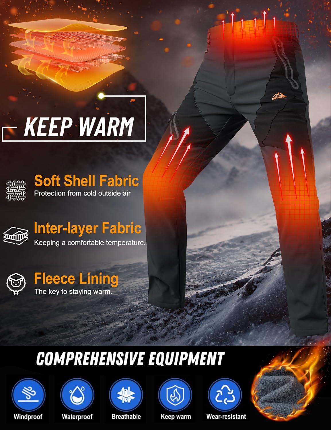 Detalle de TACVASEN Men's Winter Snow Pants with Fleece Lining and 4 Zip Pockets