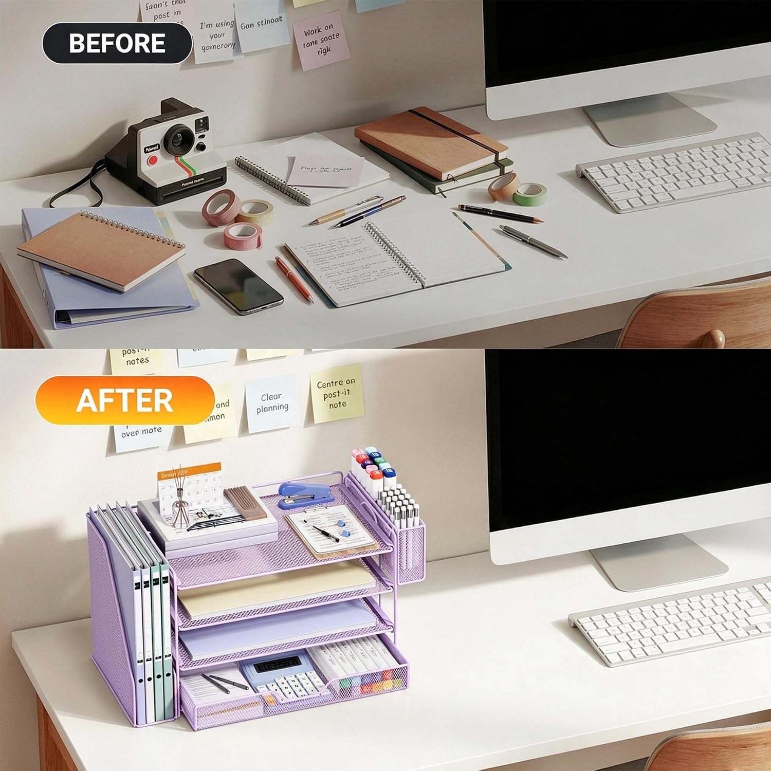 Detalle de Gugsey Desk File Organizer: Purple Metal Organizer with Drawer and Pen Holder