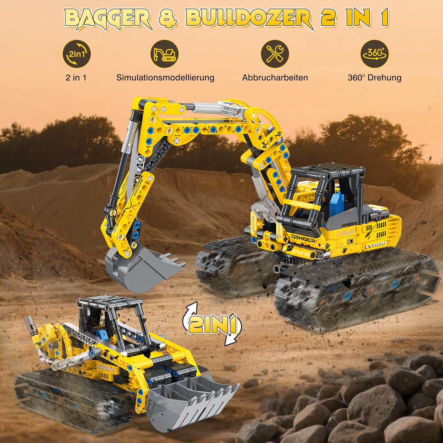 Detalle 2 de Charmofun 2in1 Techink Bagger Bulldozer Klemmbausteine 399 Teile