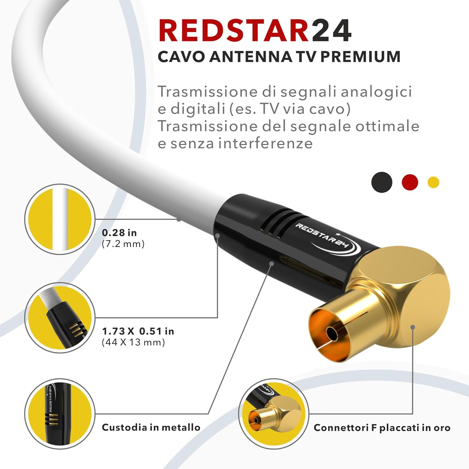 Detalle 2 de RedStar24 Cavo Antenna 5m Bianco, connettore IEC angolato 90° – HDTV Premium per TV e Radio