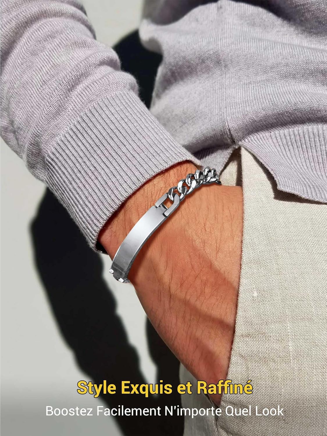 Thumbnail 4 de PROSTEEL Bracelet homme personnalisable en acier inoxydable 316L avec chaîne et plaque horizontale (largeur 10 mm)