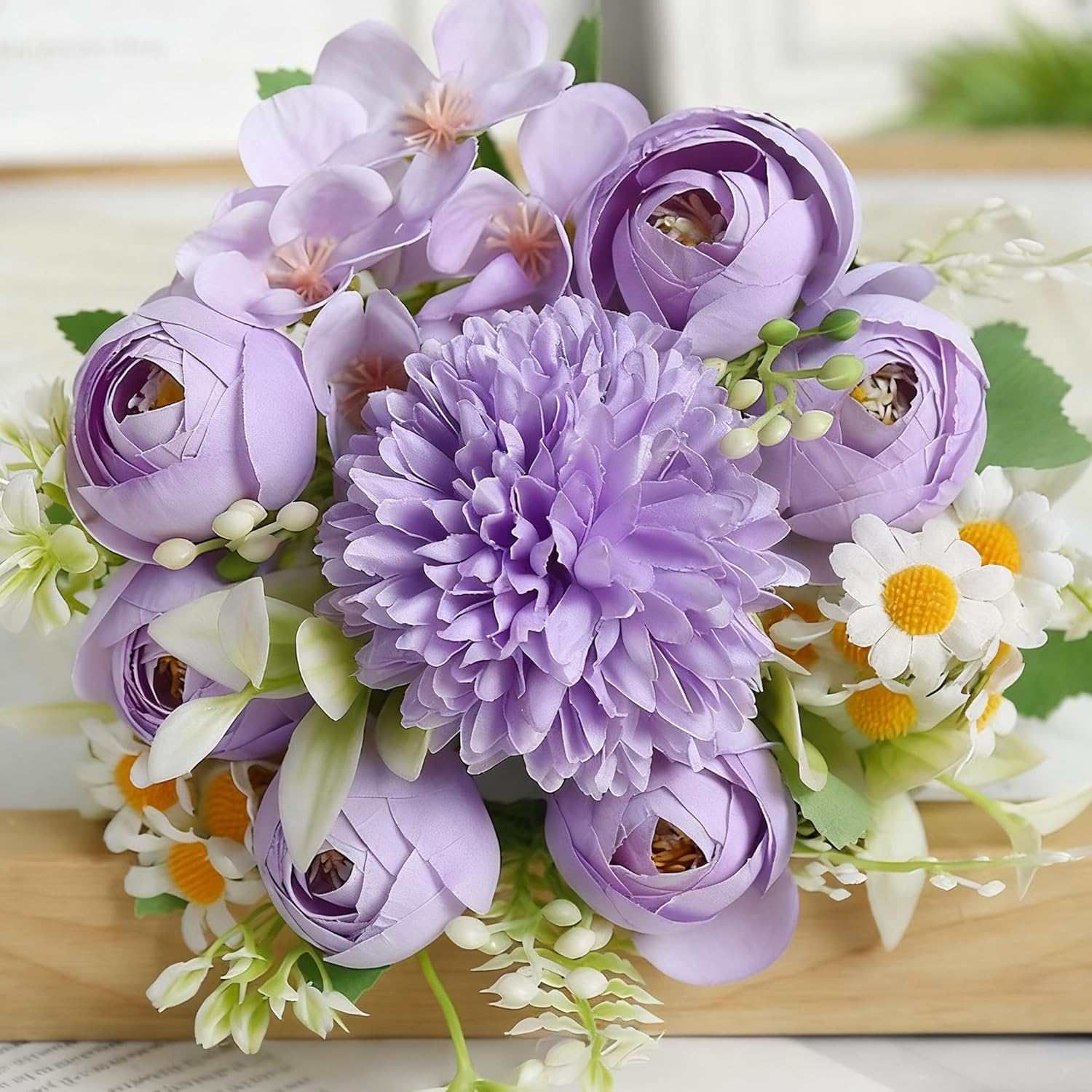 Detalle de BOBISHE Lila Rosenbouquet – künstliche Blumen Strauß 3 Bündel inkl. Geschenkpapier & 20 m Band