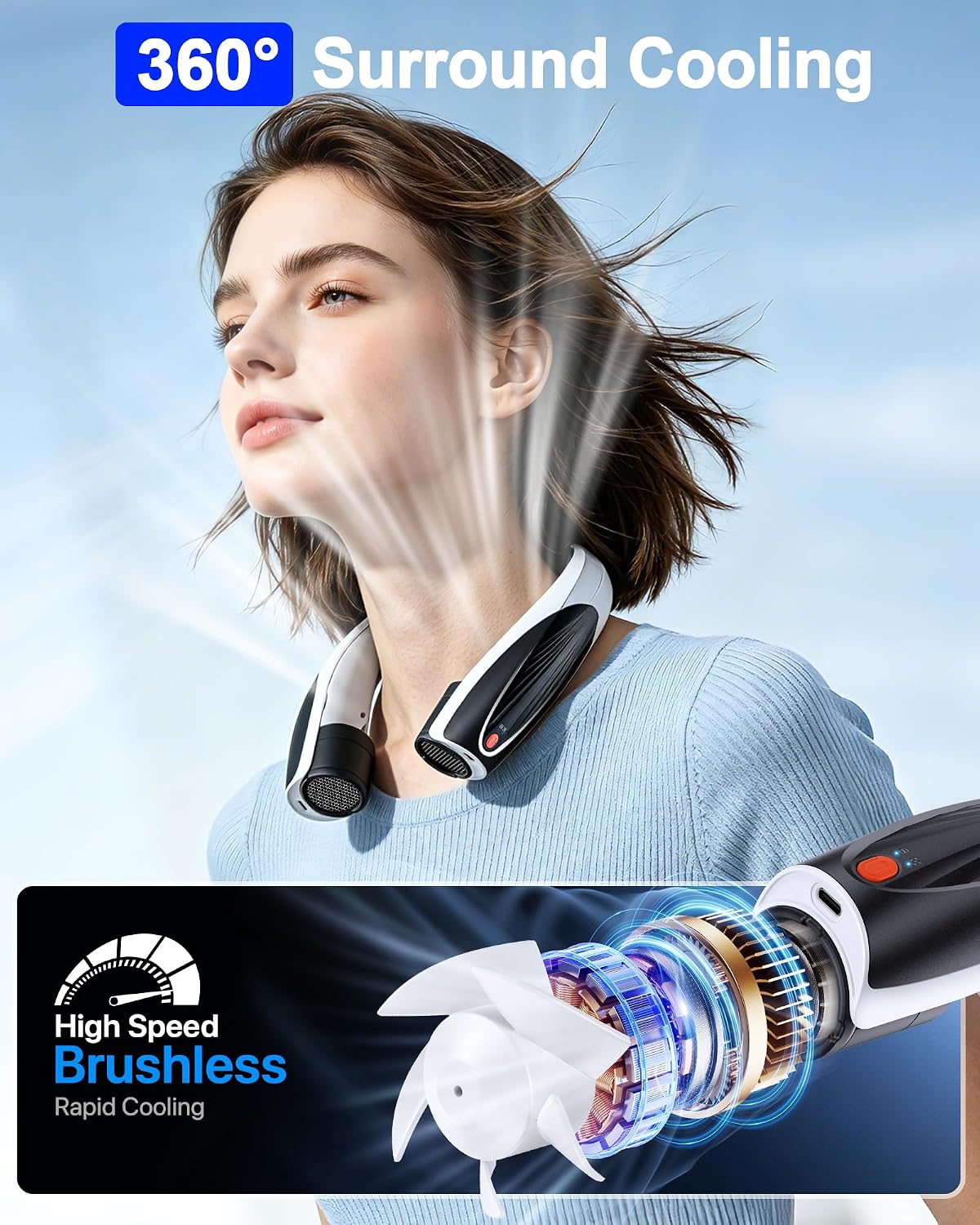 Detalle de GENVU Portable Neck Fan: 6000mAh Battery, 360° Cooling, Up to 20 Hours on 6 Speeds
