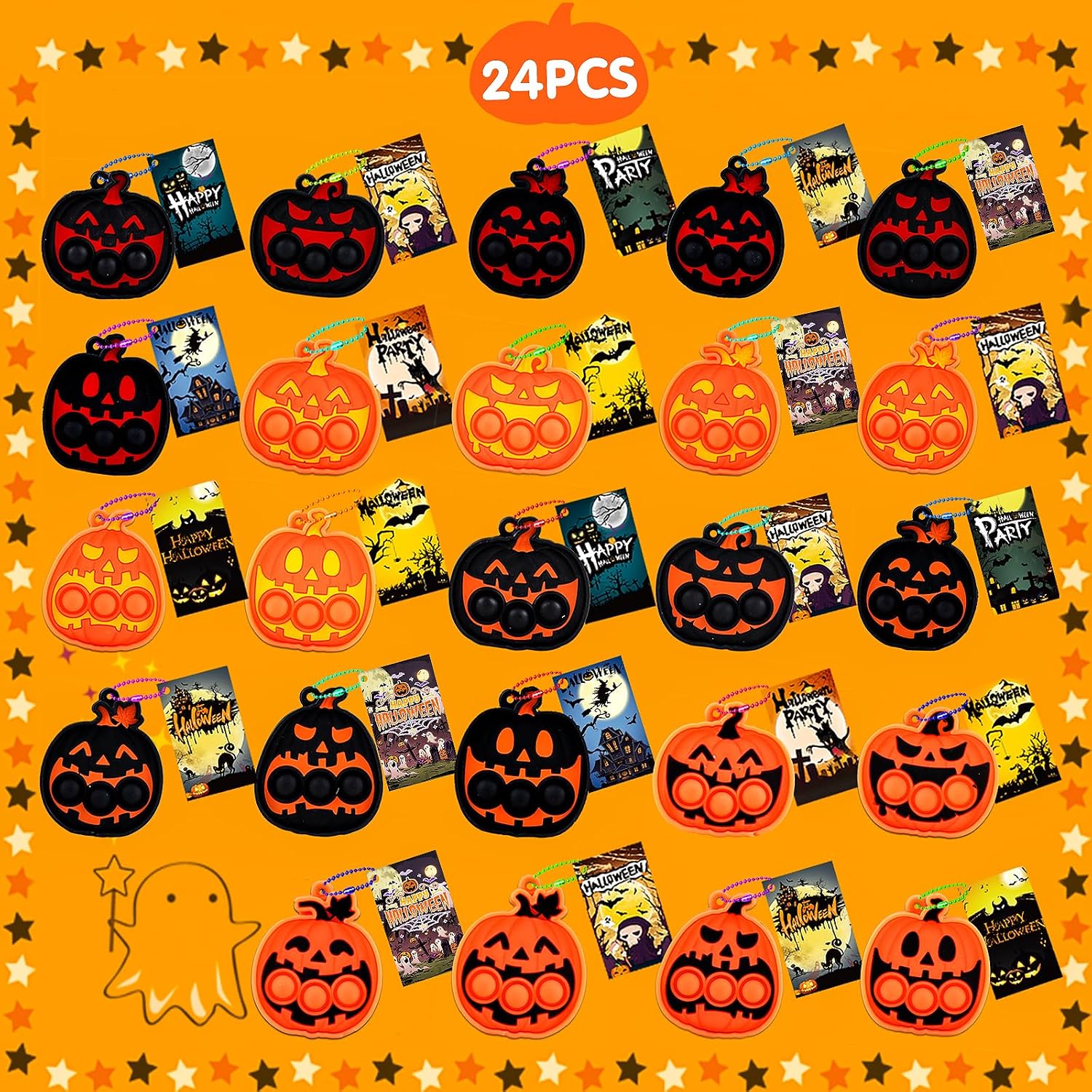 Detalle 2 de Kiss Monkey Halloween Pumpkin Pop Fidget Toys, 24-Piece Silicone Keychains