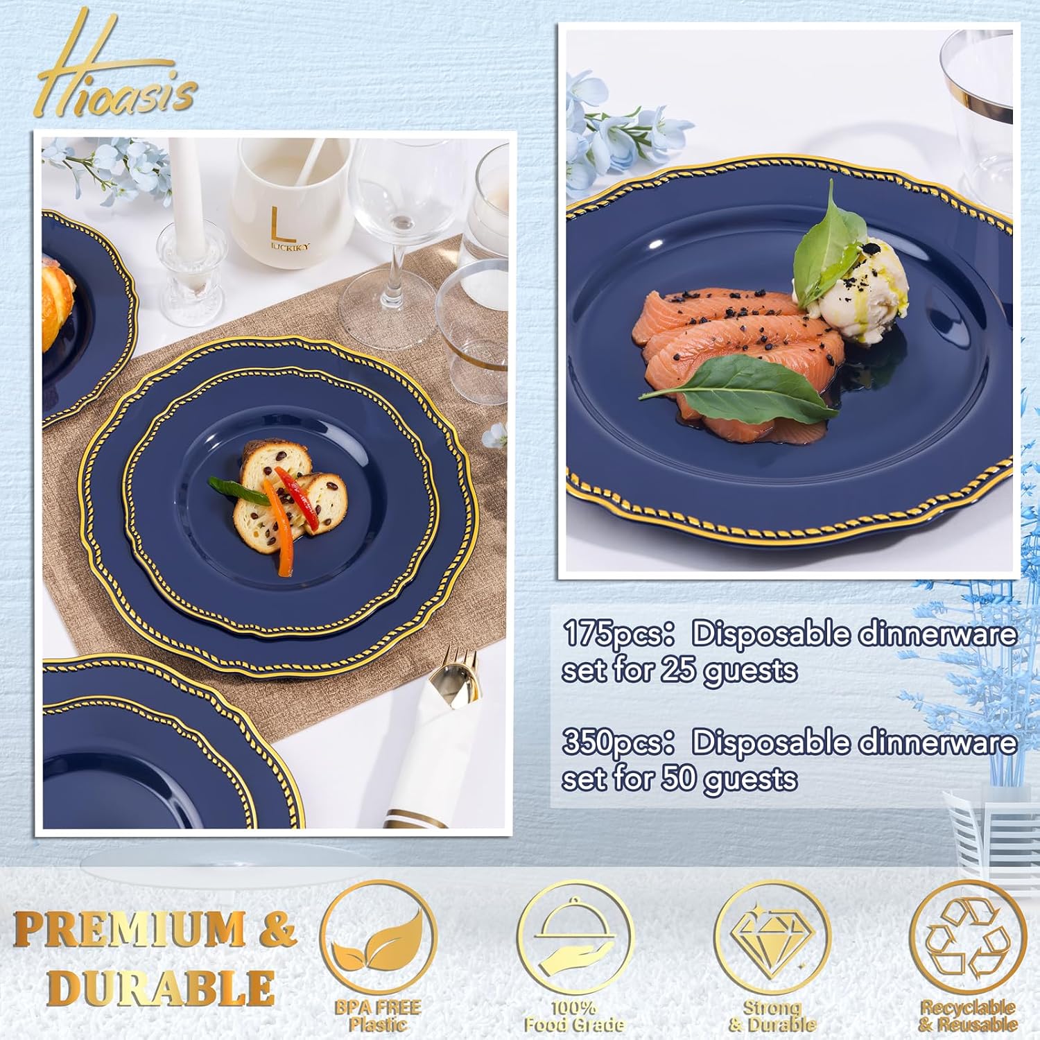 Detalle de Hioasis 350pcs Blue and Gold Plastic Plates Set for Weddings and Events