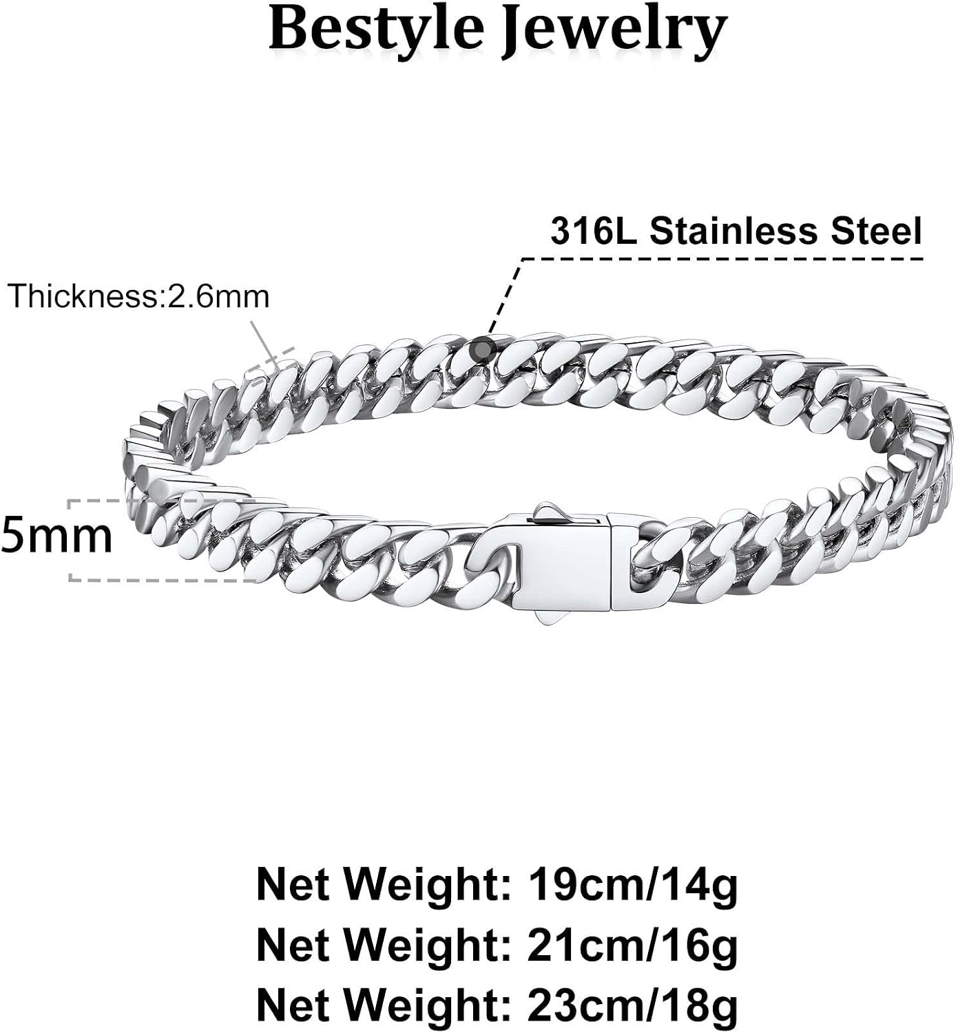 Thumbnail 5 de Bestyle Herren-Armband aus Edelstahl mit Panzerkette (5/7/9/12,5 mm) – Miami Armband in Silber, Schwarz oder Gold