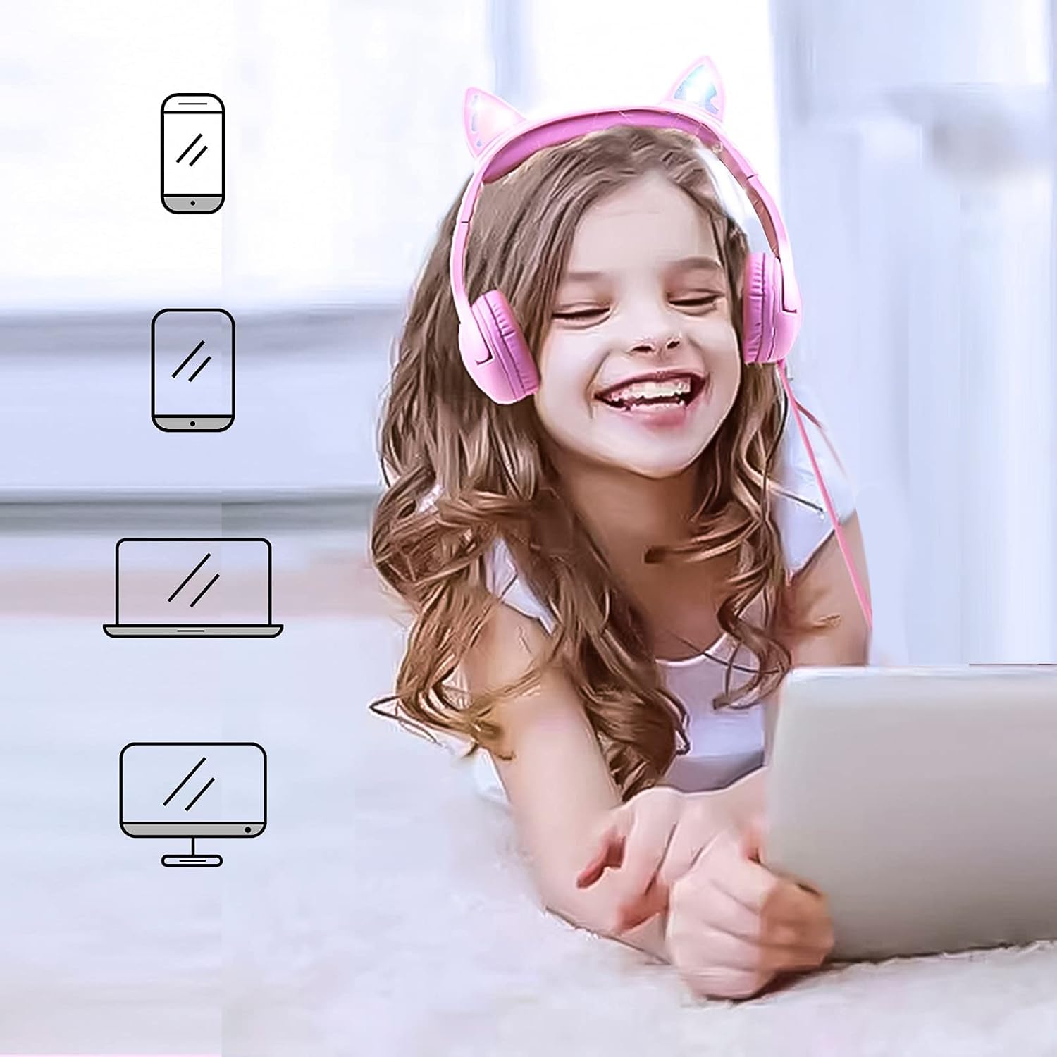 Thumbnail 5 de Olyre Kids Wired Headphones with Mic, LED Cat Ears (Pink) – Safe, Shared Audio for Young Learners