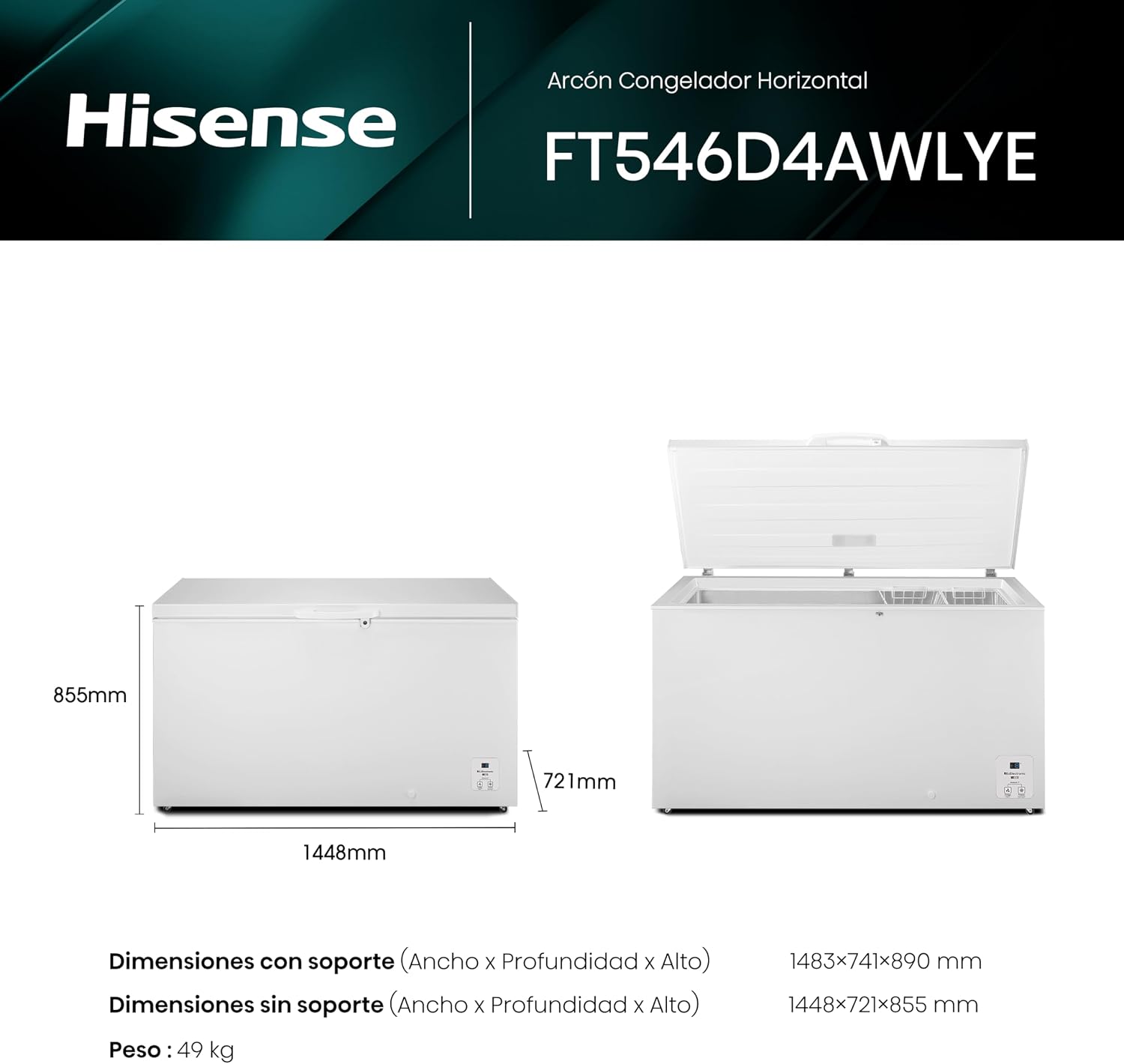 Detalle de Hisense FT546D4AWLYE: Arcón congelador horizontal de 420 L con tecnología Inverter