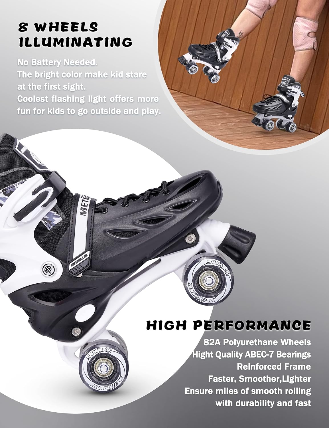 Detalle de METROLLER Adjustable Roller Skates with Light-Up Wheels for Kids and Teens