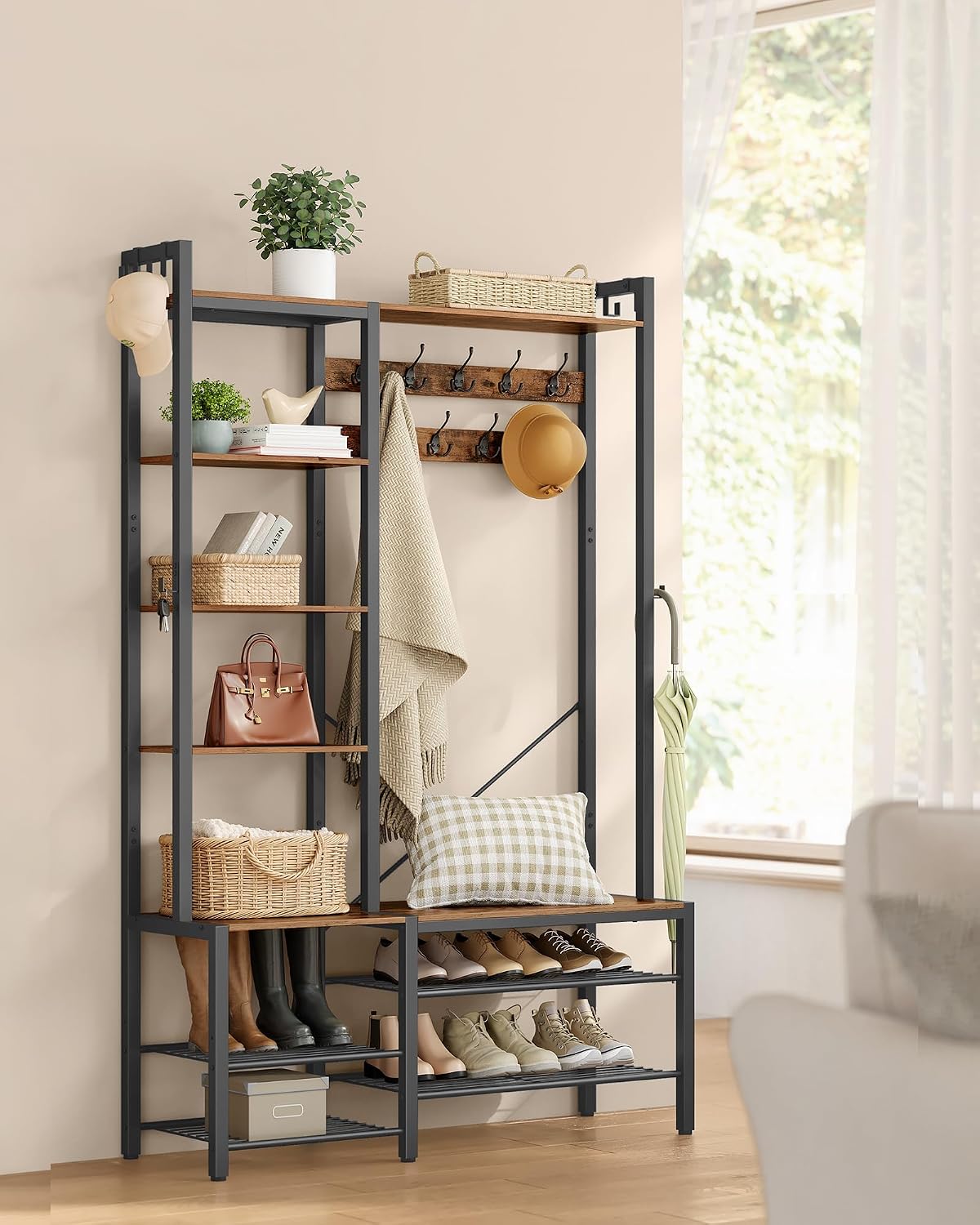 Detalle de VASAGLE DACEY HSR426B01 kapstok met schoenenbank, 7 planken, 40 x 120 x 190 cm