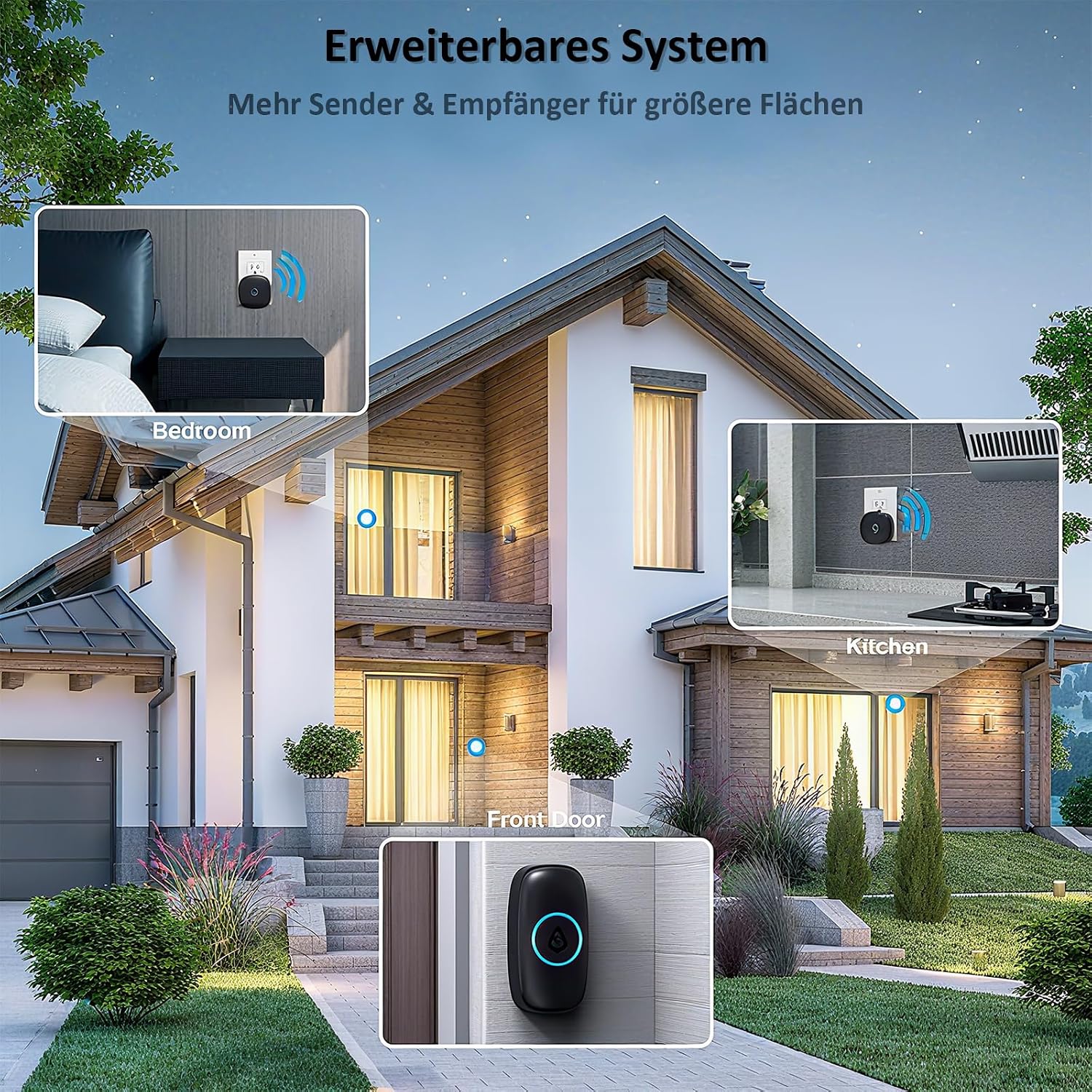 Detalle de SECRUI Funkklingel für Haustür mit 2 Empfängern & 1 Sender, 58 Melodien, 5 Lautstärken, LED, IP55