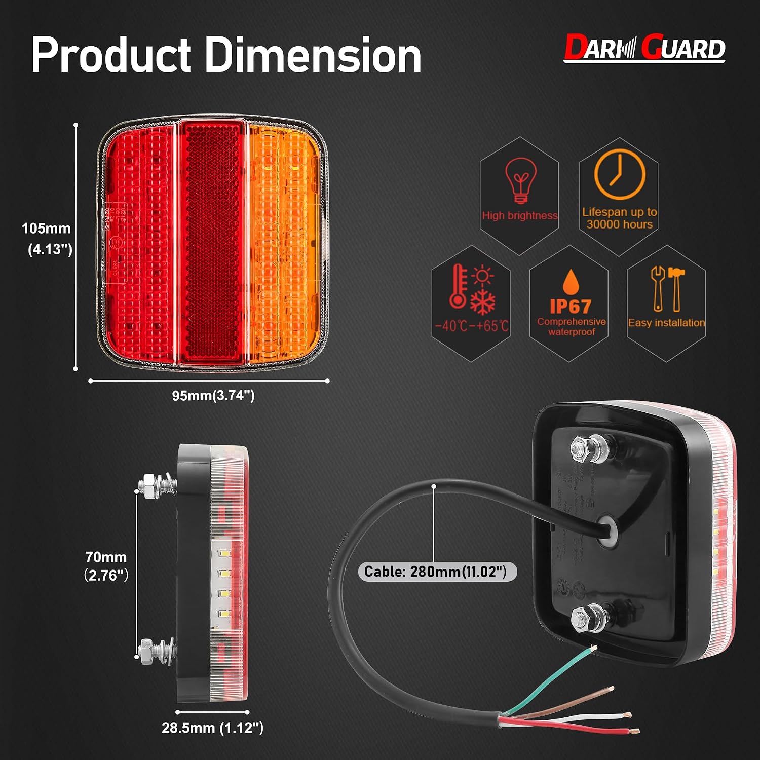 Detalle de DARKGUARD 2 x Square Trailer Rear Lights LED – IP67, 12V/24V