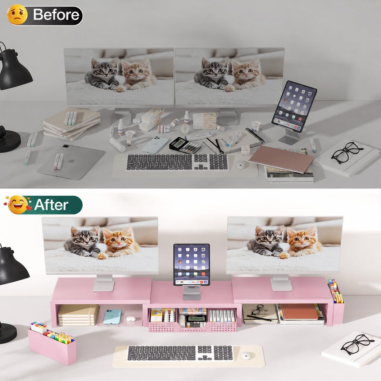 Detalle de OPNICE Pink Monitor Stand Riser with Drawer and 2 Magnetic Pen Holders
