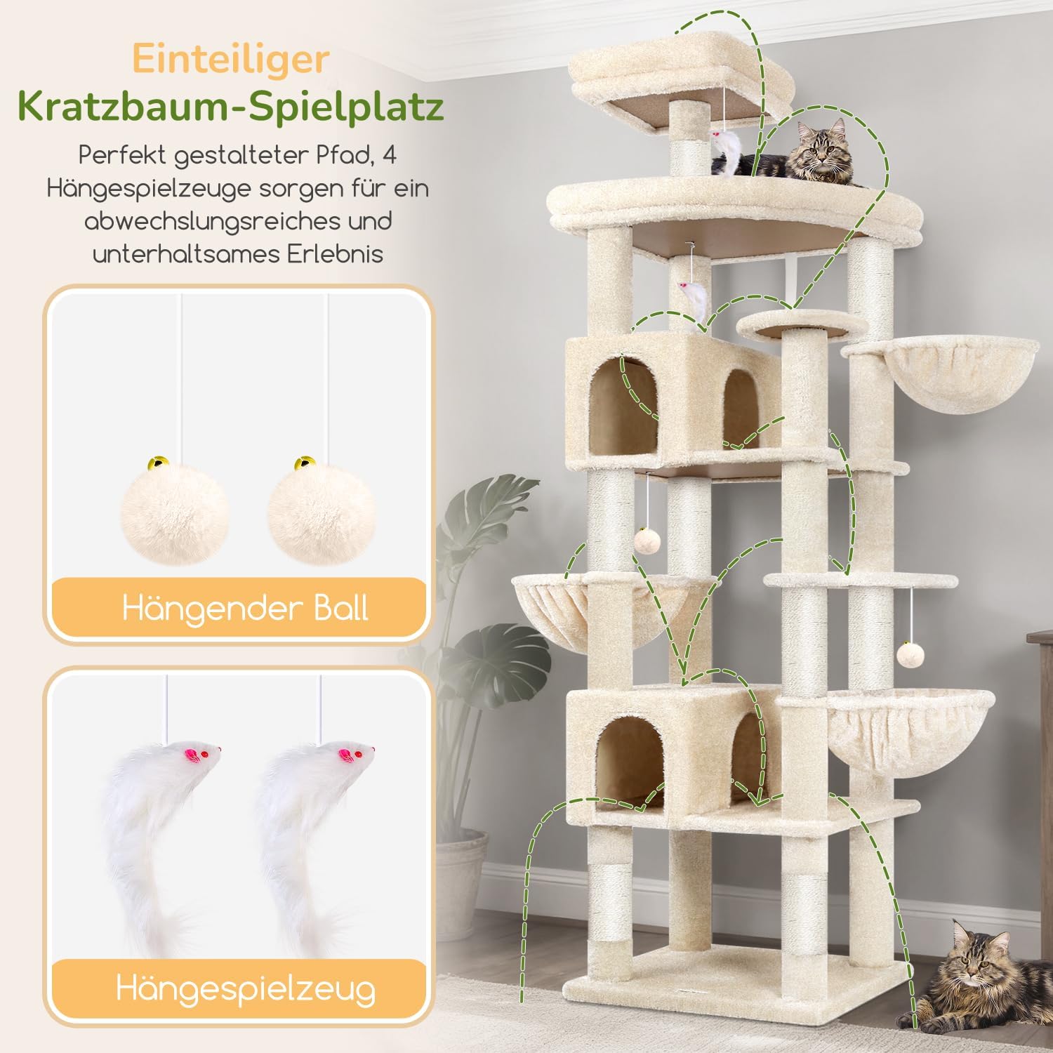 Thumbnail 4 de Globlazer Kratzbaum Beige Groß XXL (209 cm) mit 2 Katzenhäusern, 3 Körben und 8 Sisal-Kratzsäulen
