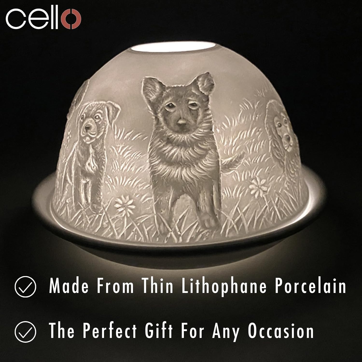 Thumbnail 4 de Cello Porcelain Tealight Holder Dome with 3D Projection – Puppies Dog Lovers Design