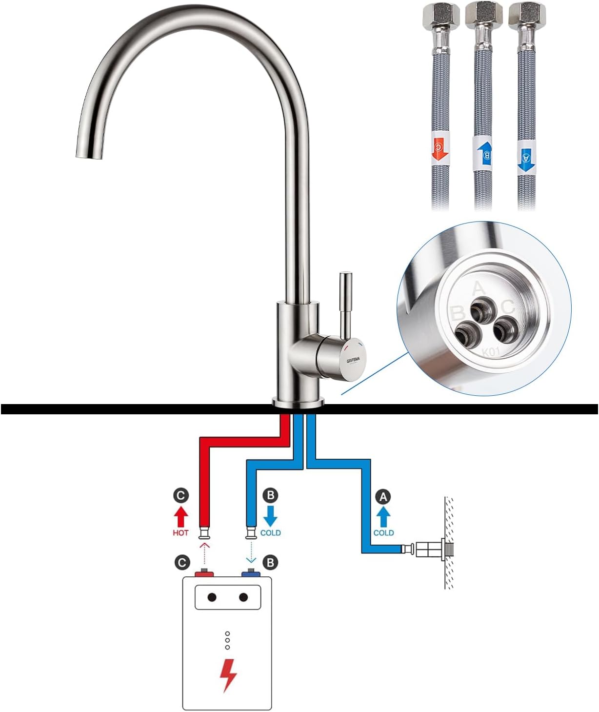 Detalle 2 de GRIFEMA Niederdruck Armatur Küche – 360° Drehbar, leicht zu reinigen und für Boiler geeignet