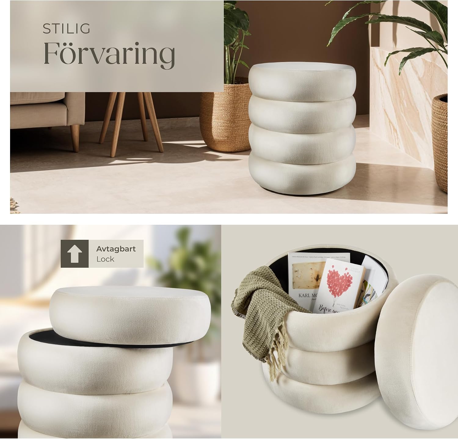 Thumbnail 6 de tectake 405357 sittpuff i sammetslook med förvaring, cremevit