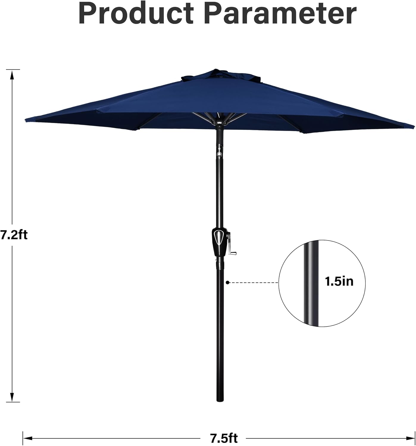 Detalle de Simple Deluxe 2.28M Patio Umbrella: Durable 6-Rib Outdoor Market Table Shade with Push Button Tilt/Crank in Dark Blue