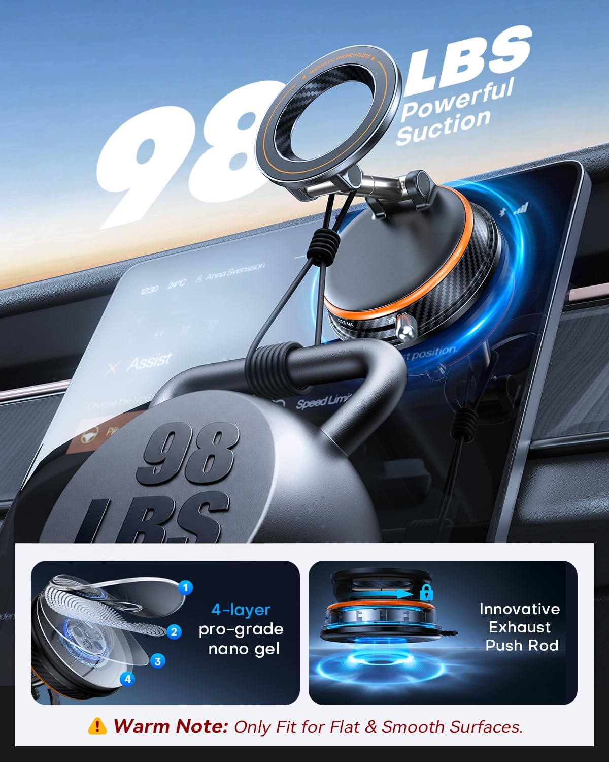 Detalle de Peerock Upgraded MagSafe Car Phone Holder (108+ lb suction, 3000gf magnetic) – 360° Adjustable Mount for iPhone & Android (Orange)
