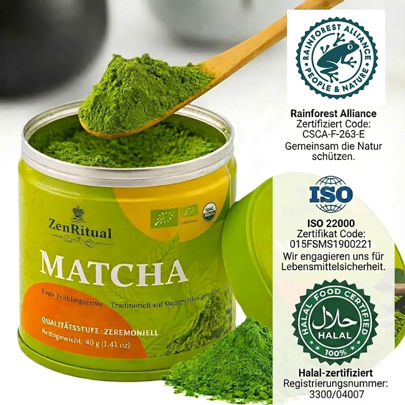 Detalle 2 de ZenRitual Matcha Pulver Bio 40g Dose – Ceremonial Grade, Tencha Erste Ernte