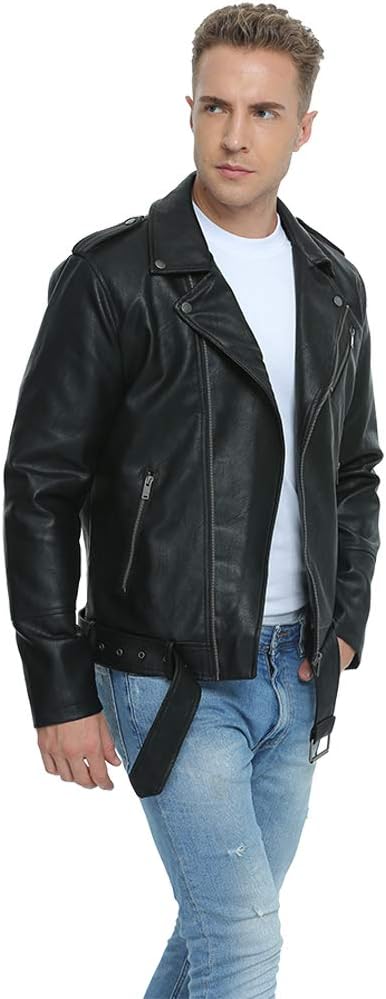 Detalle de Fahsyee Bike Coat Men's Faux Leather Biker Jacket, Slim Fit with Belt