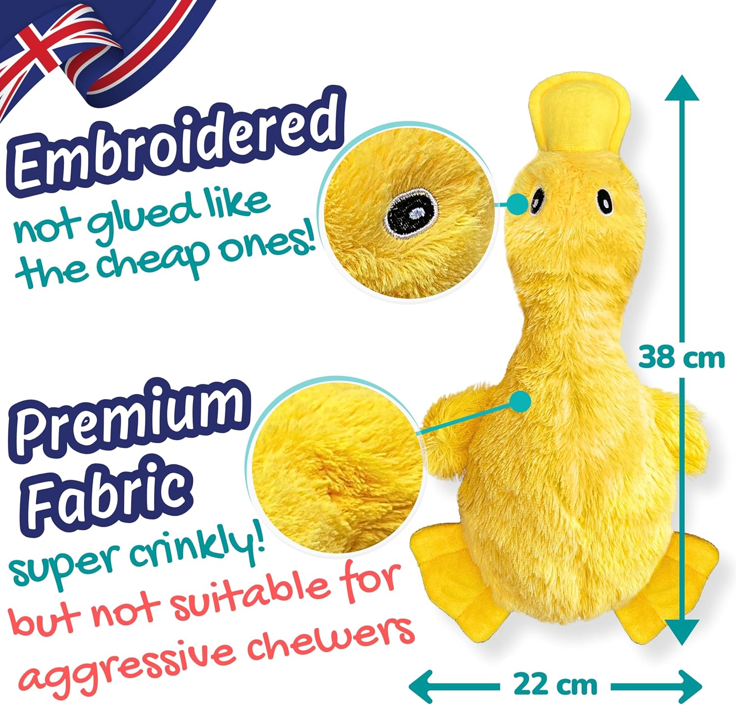 Detalle de Minimal Stuffing Ozzy the Duck squeaky & crinkle plush dog toy (gift box, yellow)