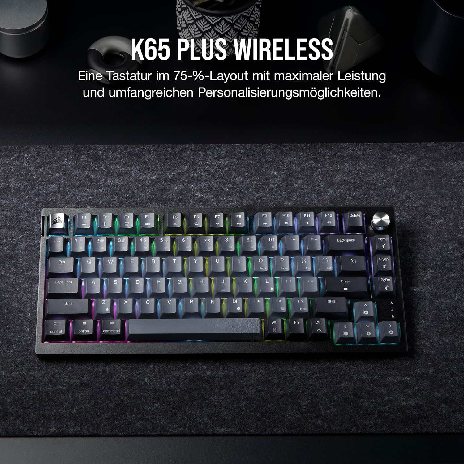 Detalle de Corsair K65 Plus Wireless 75% RGB Mechanische Tastatur (QWERTZ DE) mit MLX Red, Hot-Swap, PBT-Kappen