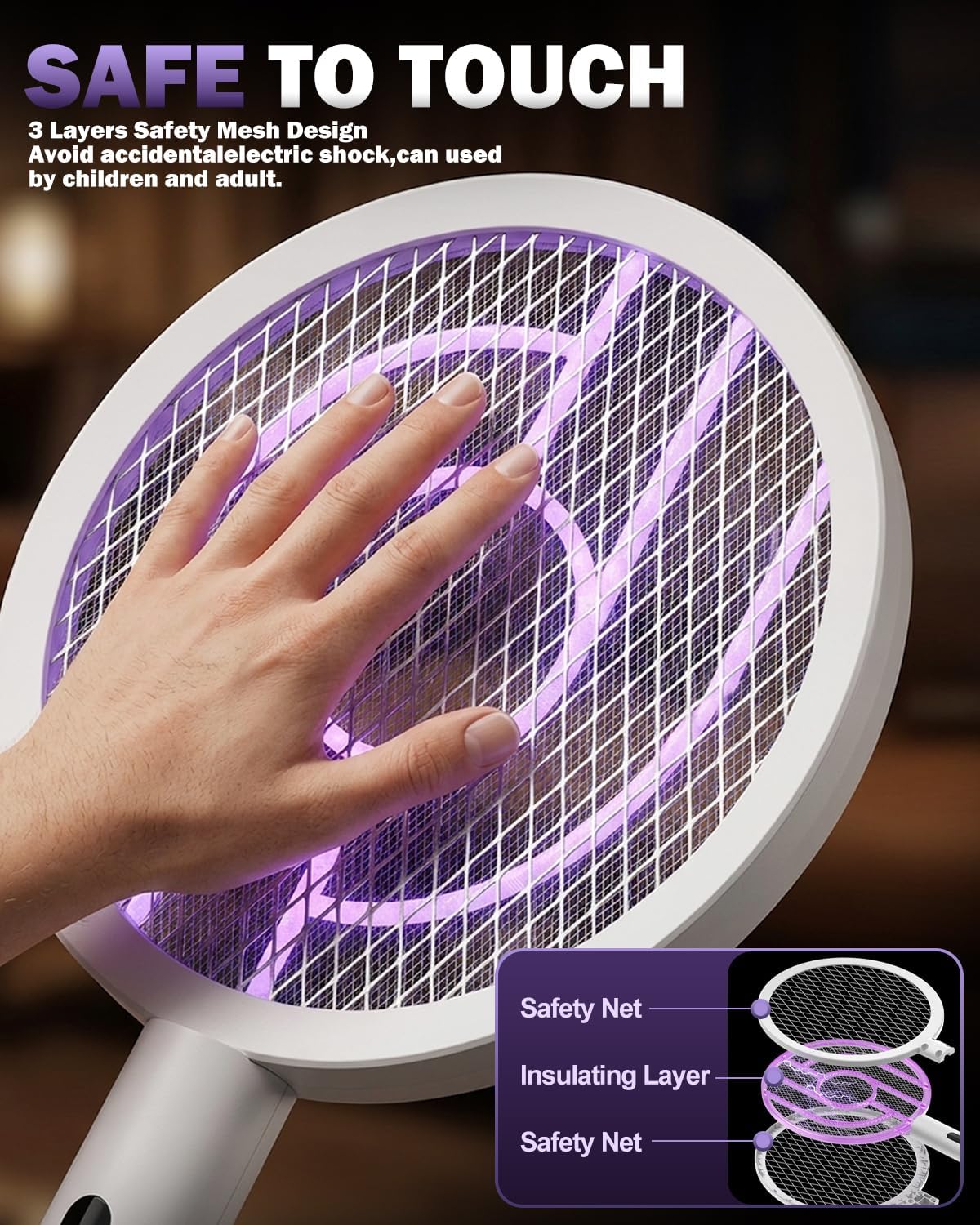 Detalle de Molxss Electric Fly Swatter Rechargeable – 1800mAh, 4000V Mosquito Zapper with USB-C & Charging Base