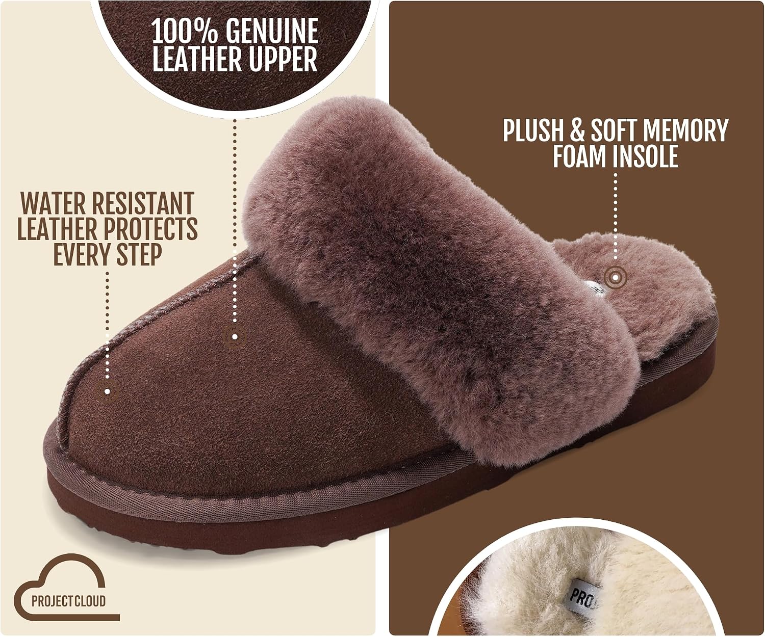 Detalle 2 de Project Cloud Women's Leather Clog Slippers with Shearling Lining and Memory Foam