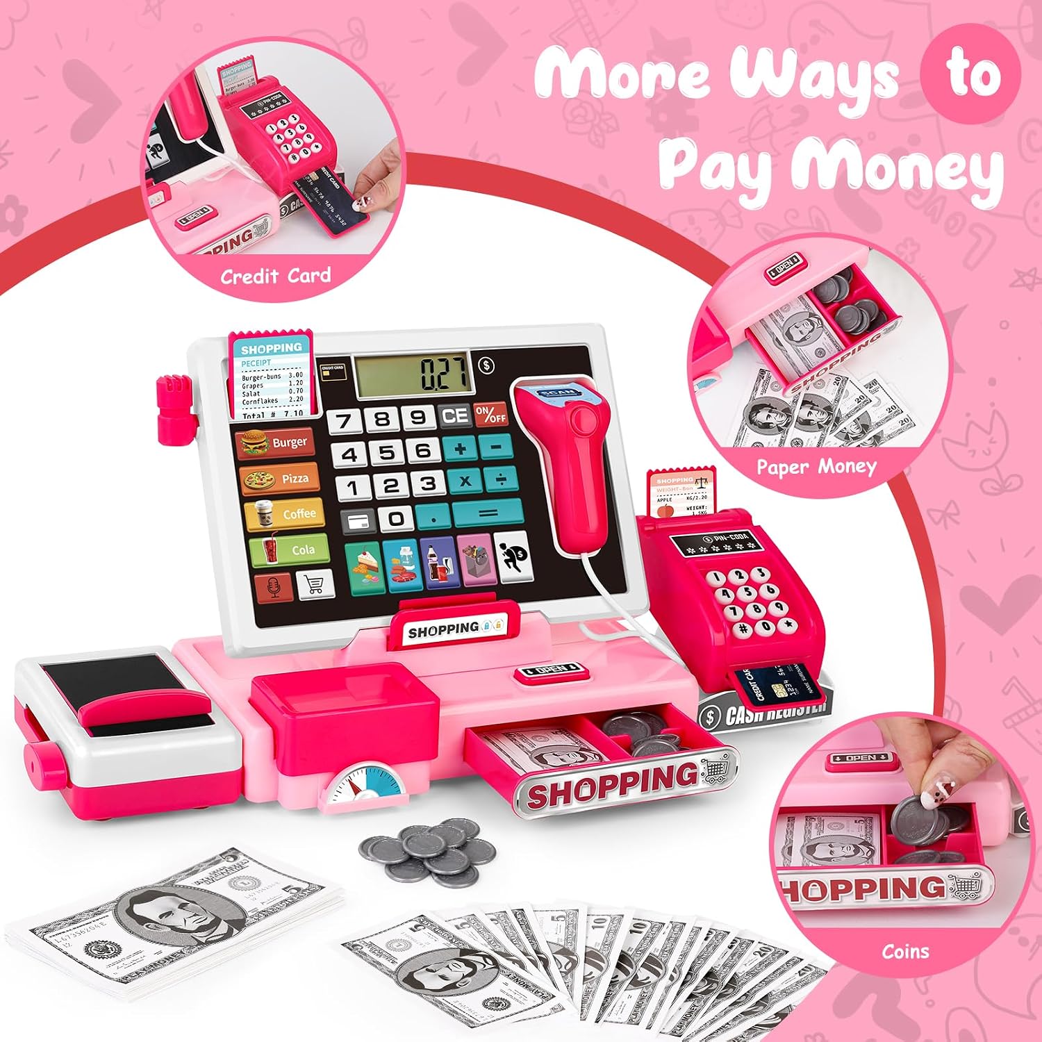 Detalle de Kids Cash Register Toy Playset, Pink 52-Piece Set with Real Calculator