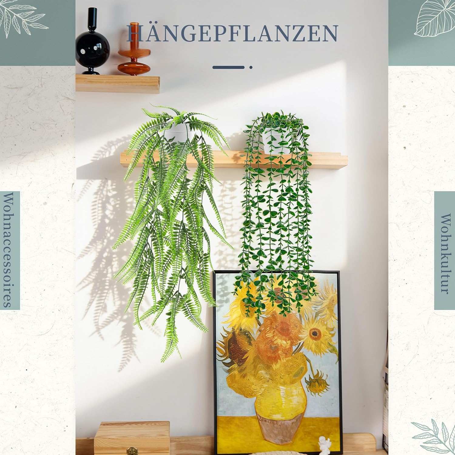 Detalle de 4er-Set künstliche Hängepflanzen – Eukalyptus, Boston-Farn, Perlenschnur & Pothos (Weiß)