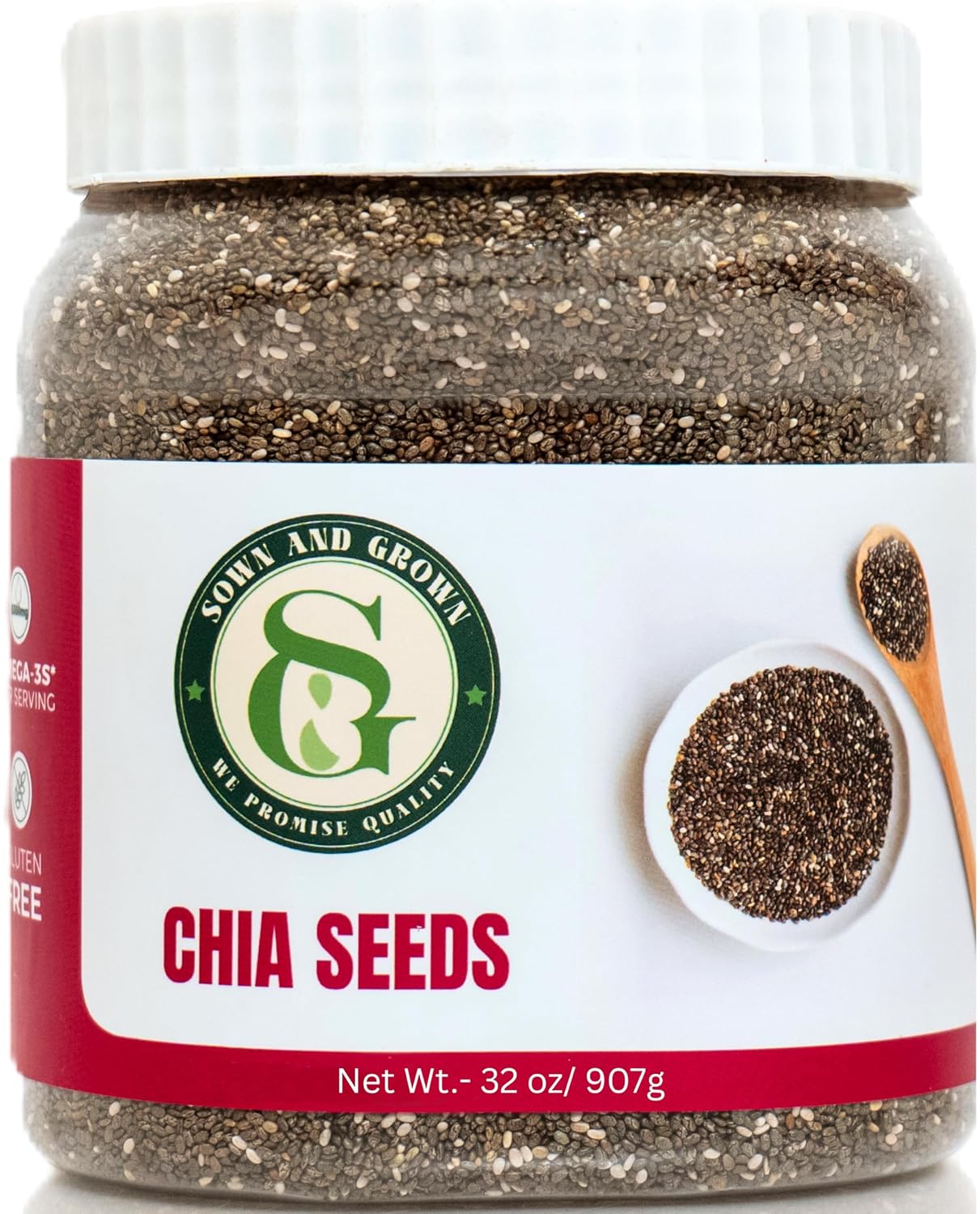 Detalle de Sown and Grown Chia Seeds, 2 lb (32 oz), Omega-3, Non-GMO, Keto Friendly