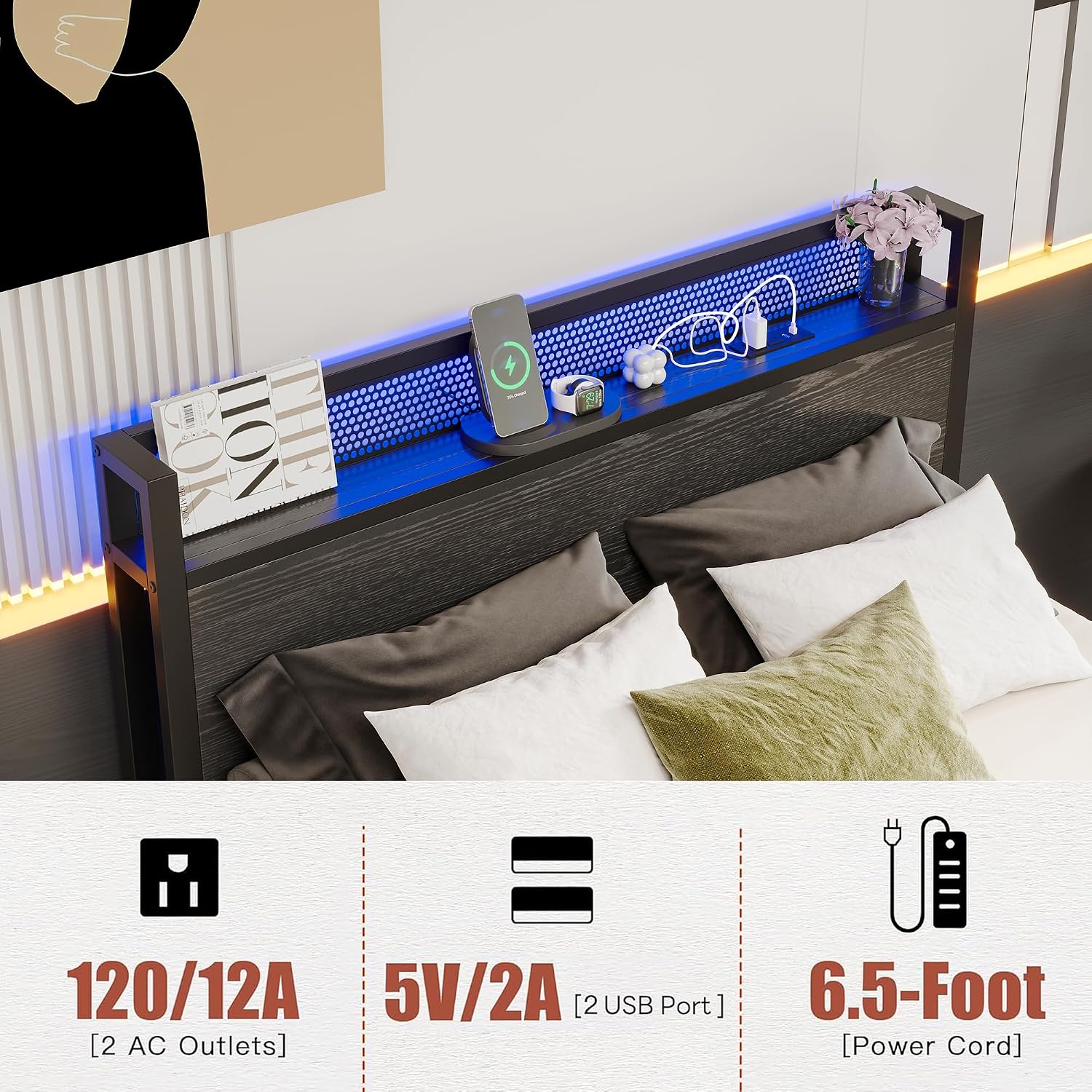 Detalle de Diolong 1012F Full Bed Frame with Storage Headboard, RGB LED Lights and Charging Station