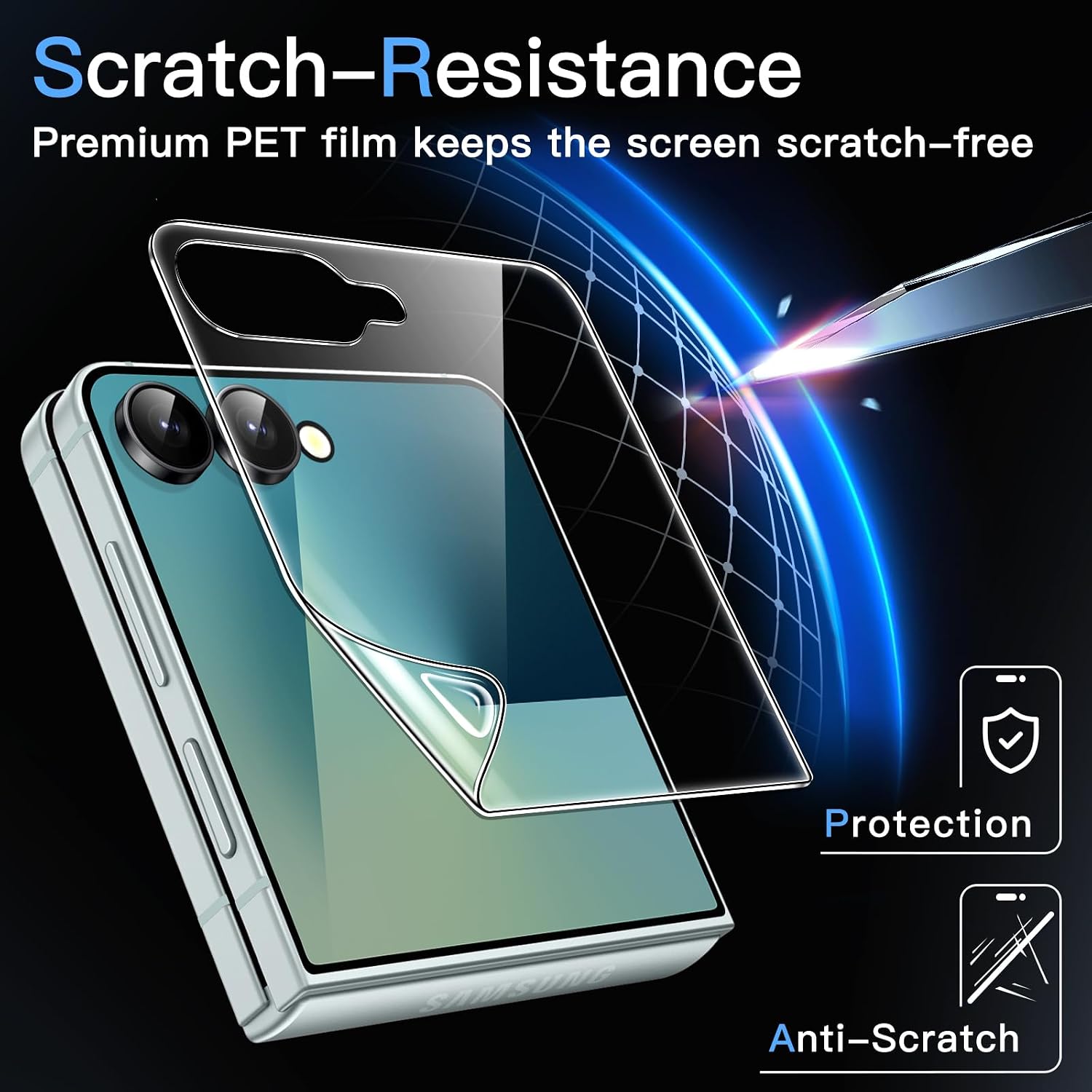 Detalle de JETech Samsung Galaxy Z Flip 7 främre skärmskydd i PET, 3-pack, HD-klart