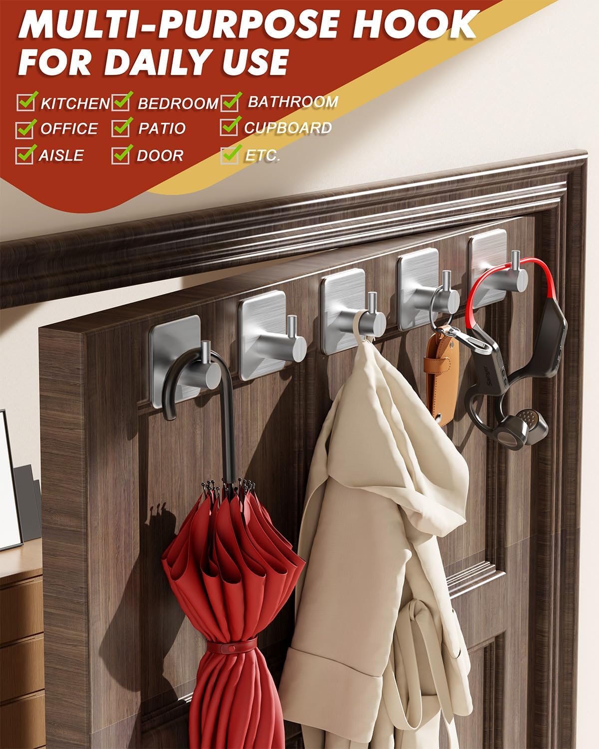 Thumbnail 5 de Auxmir 5 Pack Self Adhesive Hooks 10kg 🪝