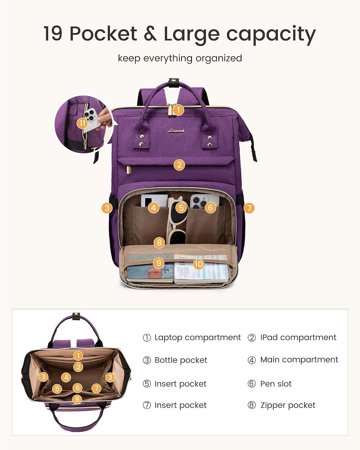 Thumbnail 3 de LOVEVOOK Women's Laptop Backpack with Giant Tumbler Holder – 15.6 inch, Waterproof, 2-Compartment Travel Bag
