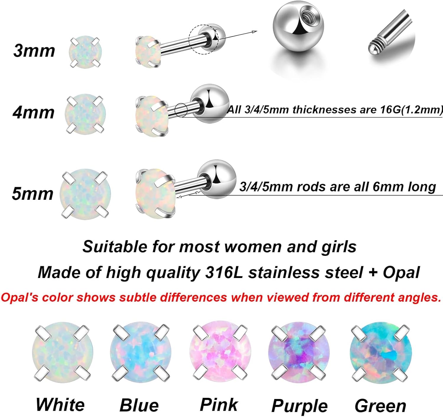 Thumbnail 1 de Lantine 16G Helix Piercing Earrings – 316L Stainless Steel with Real Opal, 5pcs/3 pairs