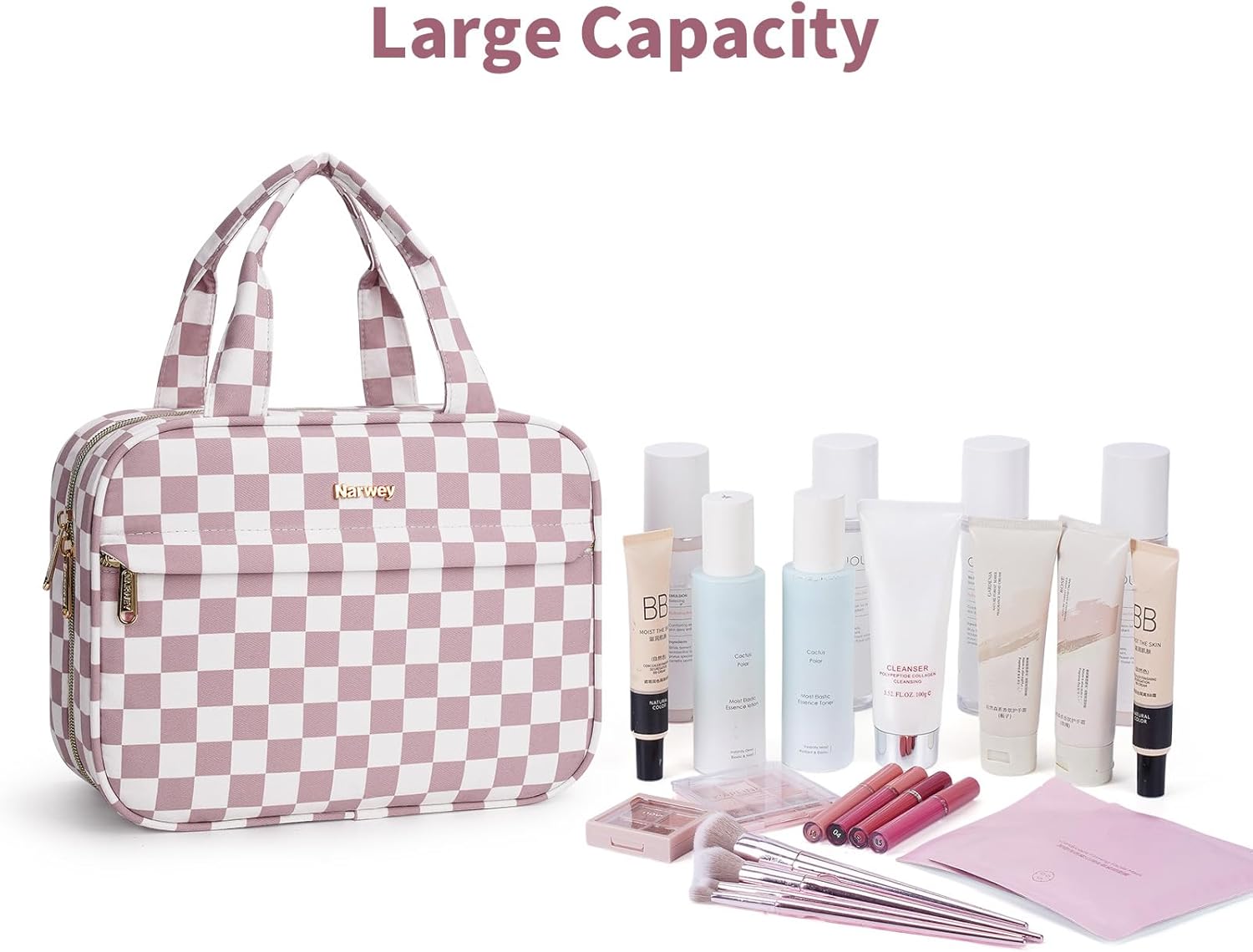 Detalle de Narwey Hanging Toiletry Bag (Dusty Pink Checkerboard-M) – Large