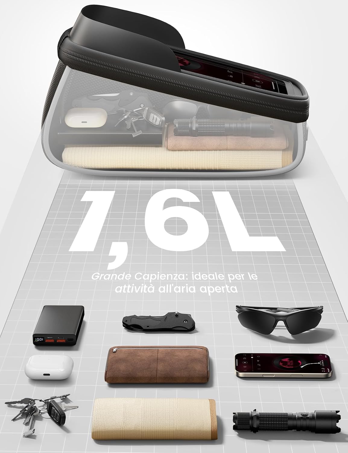 Detalle 2 de Lamicall Borsa Telaio Bici Impermeabile 1,6 L: custodia con touch screen e copertura anti-pioggia per smartphone fino a 7
