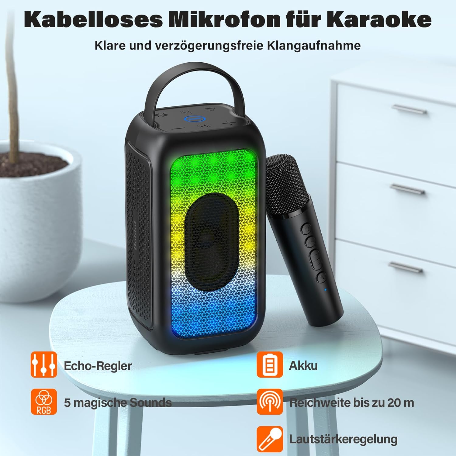 Thumbnail 4 de Bobtot Tragbarer Bluetooth-Lautsprecher mit Mikrofon, 16 Stunden Akku, Karaoke-Effekt, RGB-Beleuchtung und EQ-Modi