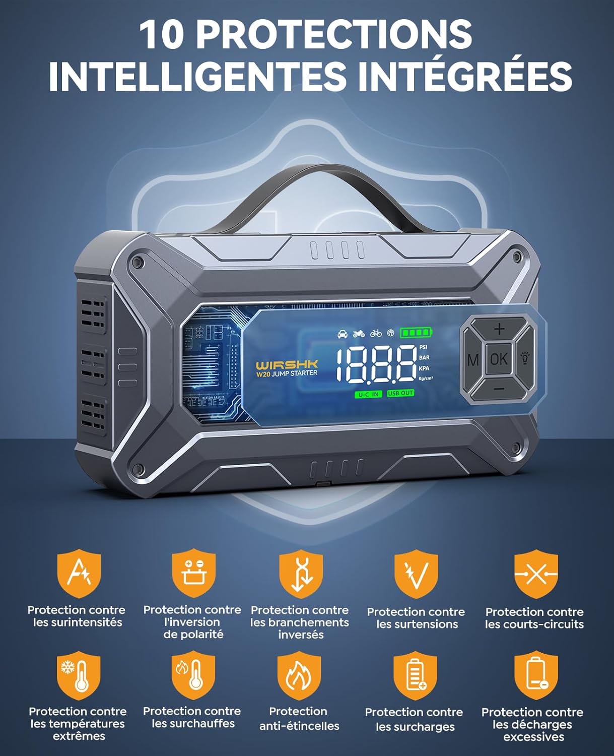 Thumbnail 5 de WIRSHK Booster Batterie Voiture 8000A avec Gonfleur Pneus 160 PSI – Démarreur + Compresseur et Power Bank