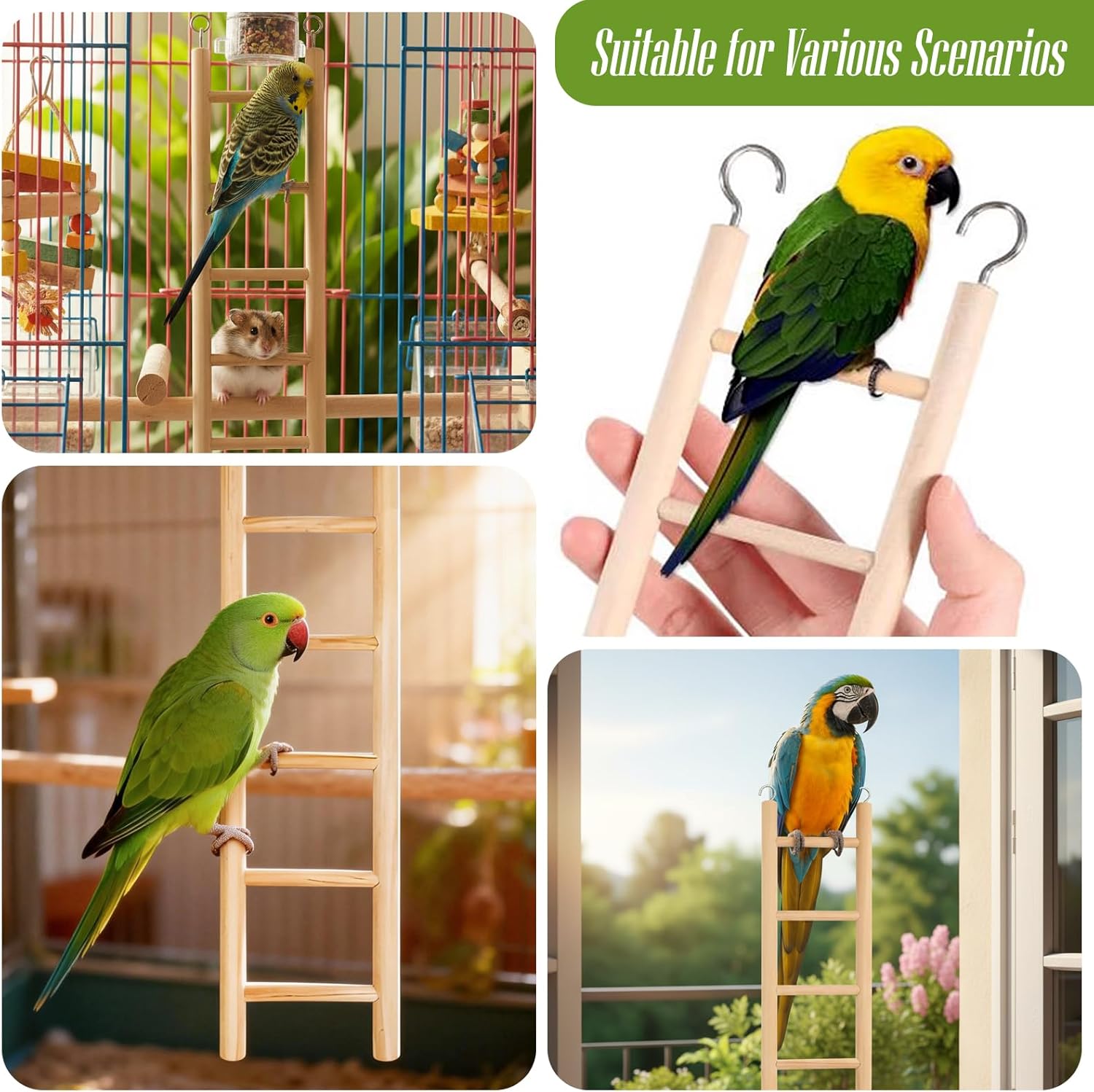 Thumbnail 6 de 4 Pack Bird Cage Ladder with Hanging Wooden Design – 3–6 Step Climbers for Parakeets, Parrots & More