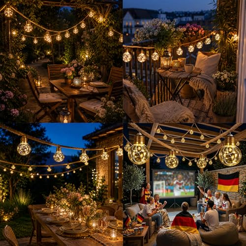 Detalle 2 de Cnulenzt Solar Lichterkette Outdoor 20 Glühbirnen, 10 m, Hanfseil – dimmbar, Memory-Funktion, USB & Solar