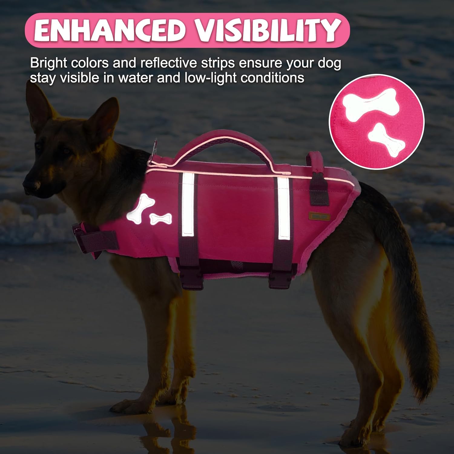 Thumbnail 3 de EMUST Dog Life Jacket (BrightPink) – high buoyancy dog flotation vest with reflective strips, handles and quick-release buckles, size L